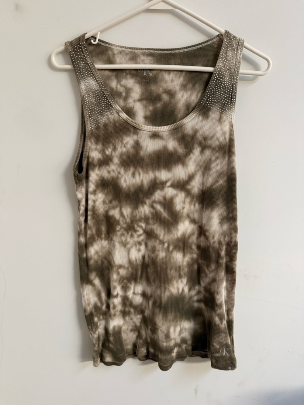 Calvin Klein Olive and Cream Tie-Dye Ribbed Tank with Shoulder Studs
